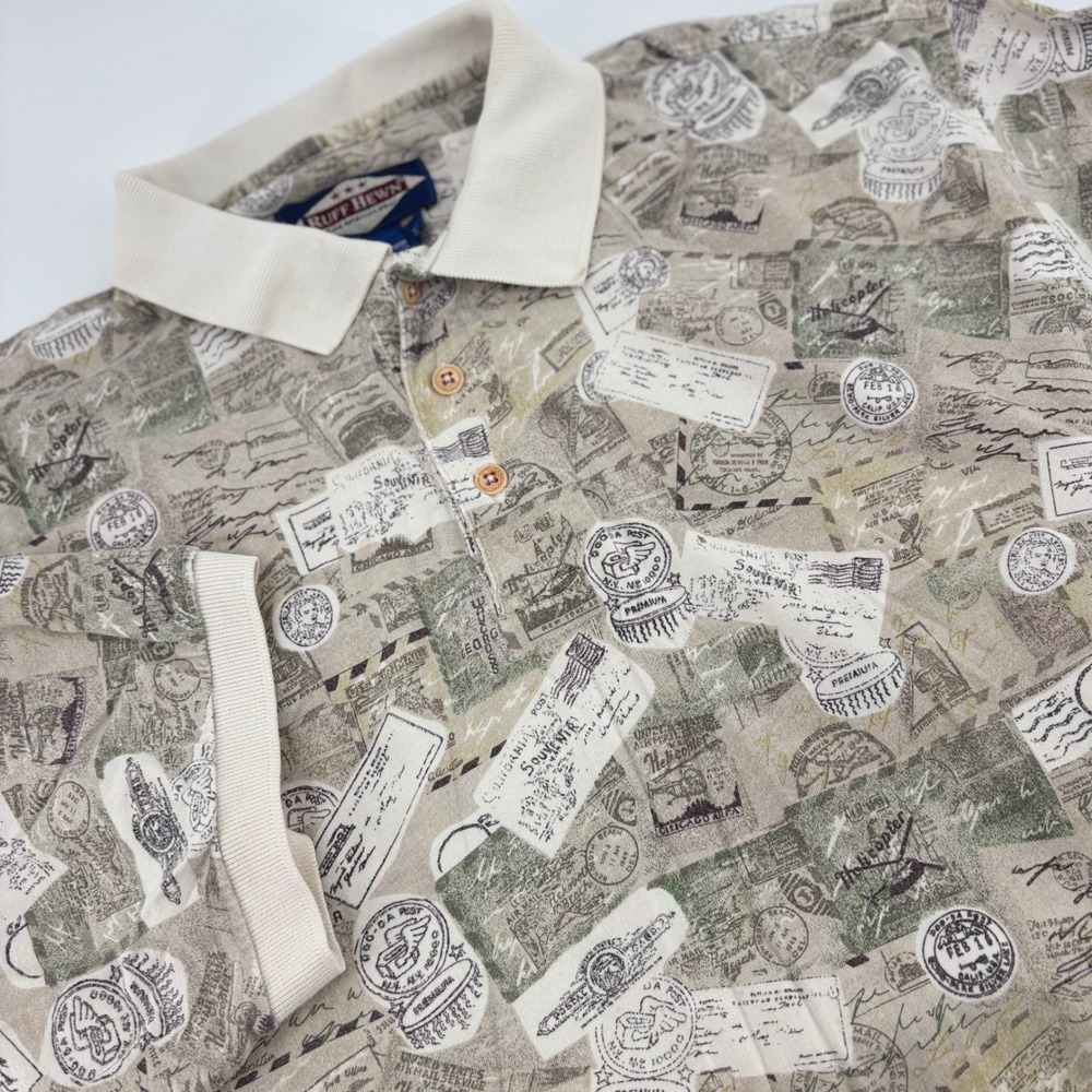 Ruff Hewn Mens XL All Over Postcard Stamp Print Short Sleeve Collared Polo Shirt